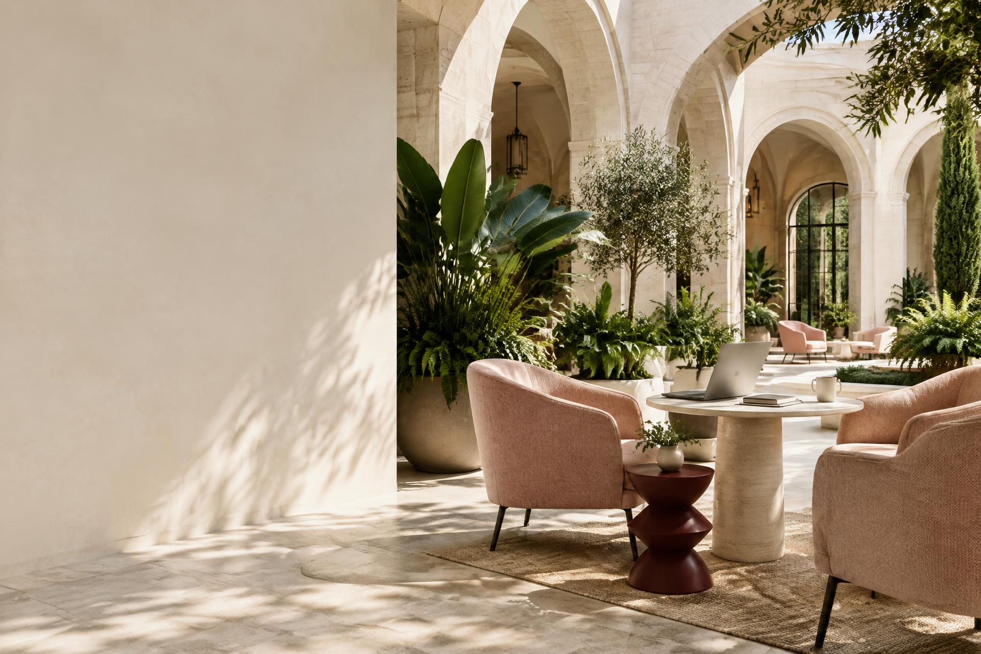 Sunlit arched courtyard workspace with blush chairs, lush greenery and a burgundy side table